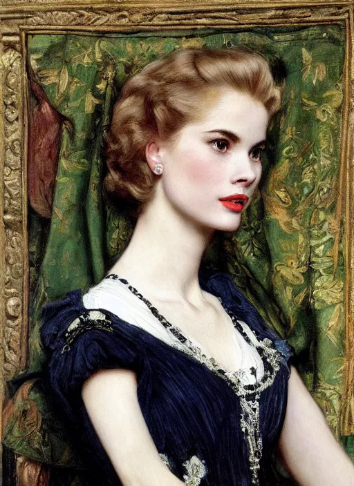 Prompt: a beautiful painting of grace kelly by John Everett Millais and Dante Gabriel Rossetti and John Collier and john william waterhouse, pre-raphaelite, detailed, trending on artstation, hd, masterpiece