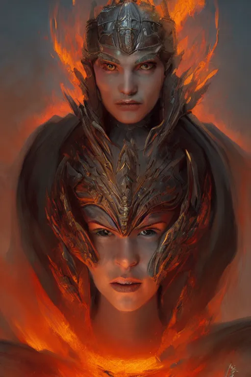 Prompt: princess of eternal fire and death, face portrait, raphael lacoste, eddie mendoza, alex ross, concept art, matte painting, highly detailed, rule of thirds, dynamic lighting, cinematic, detailed, denoised, centerd