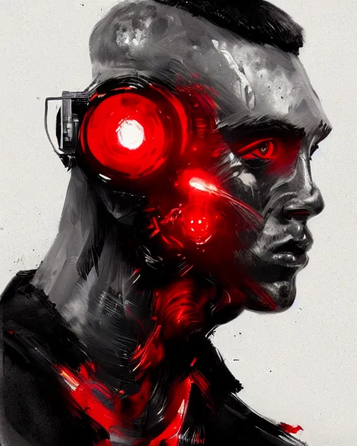 Prompt: black red ink smoke portrait cyborg male, futuristic grunge art by WLOP and Tony sart, artstation