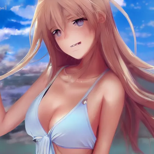 Image similar to a very beautiful young anime tennis girl, full body, long wavy blond hair, sky blue eyes, full round face,, bikini, miniskirt, front view, mid - shot, highly detailed, cinematic wallpaper by stanley artgerm lau