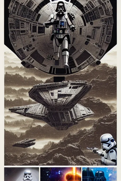 Prompt: platonic ideal of han solo, nazgul mandelbulb, deathstar, millenium falcon, detailed, stormtroopers, darth vader, action pose, intricate, volumetric lighting, moebius, geof darrow, dan mumford, alphonse mucha, poster,