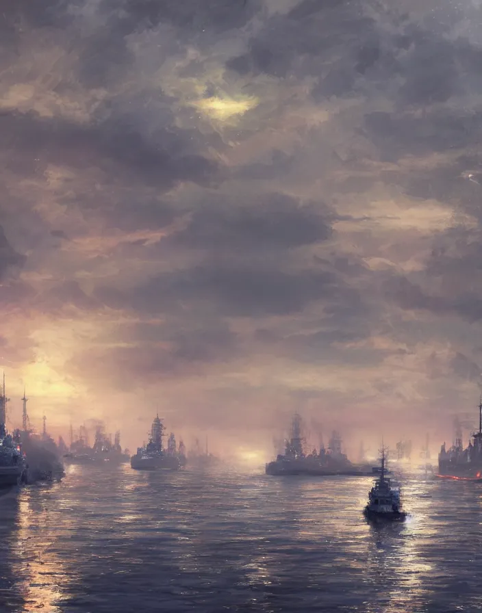 Prompt: british warships passing in the night, environment concept art, high detail Impressionist style, dreamy light color palette, concept art stunning atmosphere, trending on artstation, volumetric light