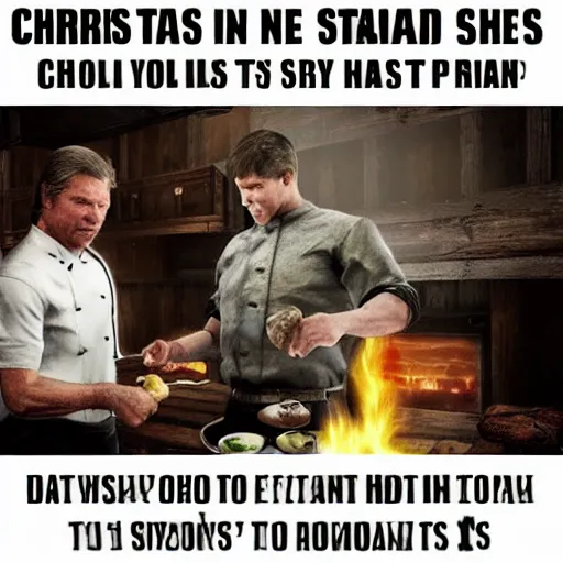 Prompt: chris hansen cooking steaks in skyrim