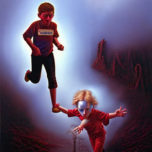 Prompt: a running child disappearing, vapor, mist, smoke, blood, scissors in hand, a detailed matte painting by Jason Edmiston, John Philip Falter