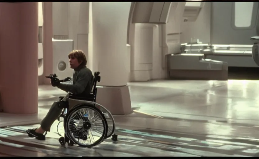 Image similar to cinematic still image screenshot luke skywalker in cybernetic wheel chair, from the tv show on disney + anamorphic lens, 3 5 mm film kodak from empire strikes back 1 9 8 3