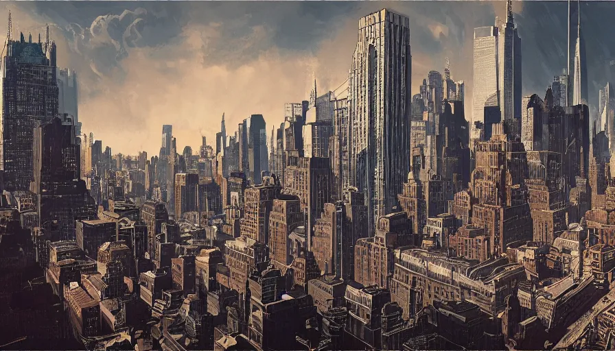 Prompt: marvelous 1 9 3 0's new york re - imagined as a zone in elden ring, during golden hour, ultradetailed, intricate, glorious lighting, dark sky, stars, masterwork coposition, cgsociety, strong presense