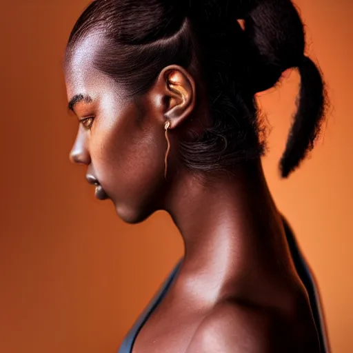 Image similar to intricate beautiful portrait of a cute thin young black woman, hair in a ponytail, casual clothes, relaxing on the couch, home interior, golden hour, close up shot, 8 k, hyperreal art by irakli nadar, hyperrealism, hyperdetailed, ultra realistic