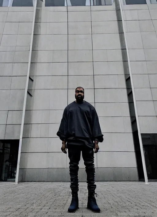 Image similar to Kanye West standing in front of the building of Huta Katowice, iPhone photo