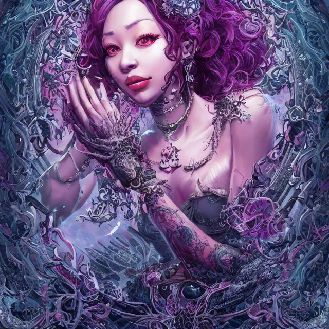 Prompt: the portrait of chaotic evil female necromancer mastermind as absurdly beautiful, gorgeous, elegant, cute young black idol, an ultrafine hyperdetailed illustration by kim jung gi, irakli nadar, intricate linework, bright colors, octopath traveler, final fantasy, unreal engine 5 highly rendered, global illumination, radiant light, detailed and intricate environment