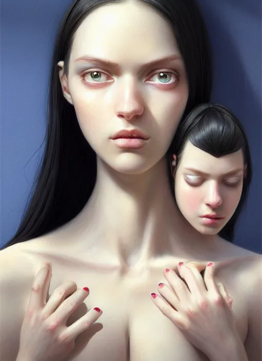 Image similar to a tall girl with long black hair and eyes with hands growing out of her belly, this girl is at school and a girl with blue eyes and blond long hair is crying behind her global illumination!! intricate, elegant, highly detailed, digital painting, artstation, concept art, smooth, sharp focus, illustration, art by artgerm and greg rutkowski and alphonse mucha