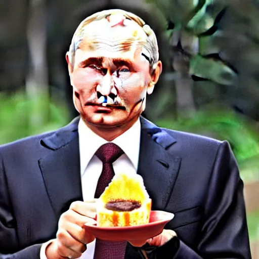 Image similar to vladimir putin endorsing a creme brulee with banana slice on top