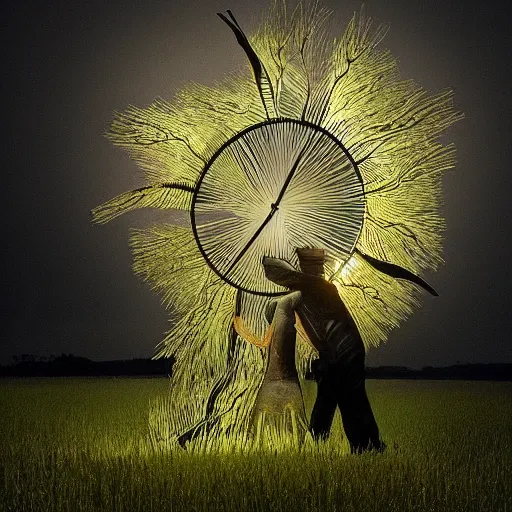 Prompt: ominous by walt kelly shikki. a beautiful kinetic sculpture of a man & a woman in a field of tall grass with the sun setting behind them