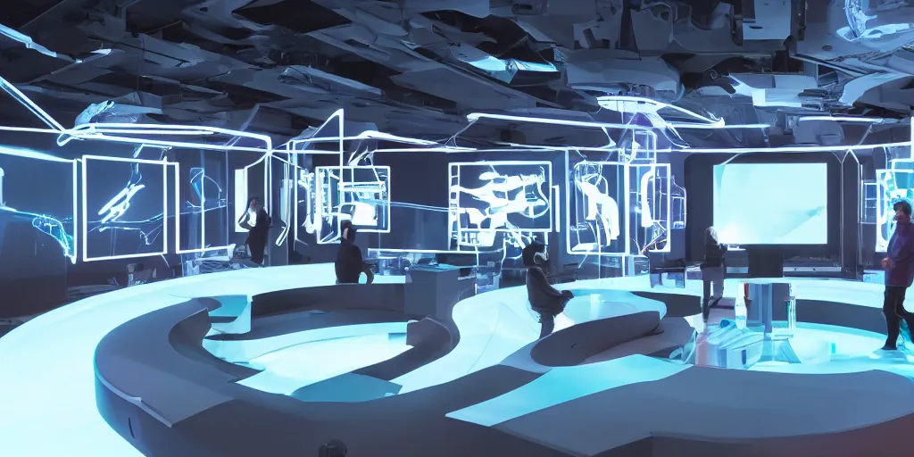 Image similar to stunning futuristic AI lab, projection screens, immersive graphics, holograms, dark room, people using HoloLens