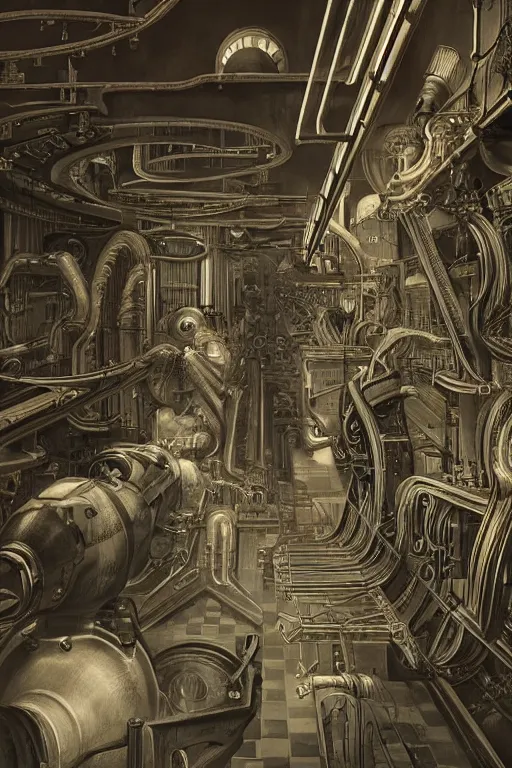 Prompt: strange retro sci - fi quantum teleportation gizmo, thingamajig. steampunk, dieselpunk techno - magical engine vray cryengine hyperrealism photorealistic hyperdetailed by edward hopper, mc escher and hr giger.