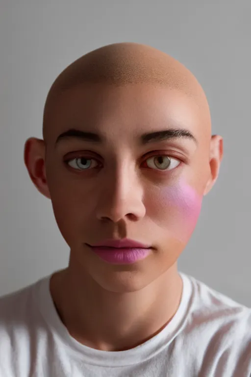 Prompt: a high definition film photograph of a normal mixed race androgynous robot human wearing a plain white t - shirt, in a pastel pink office. friendly. crushed shadows. three point light.