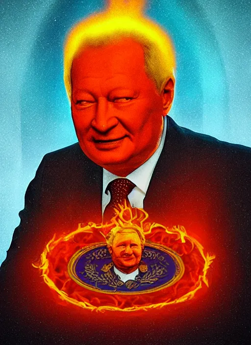 Prompt: president yeltsin in hell, infernal icon with a halo, color art in church style 8 k