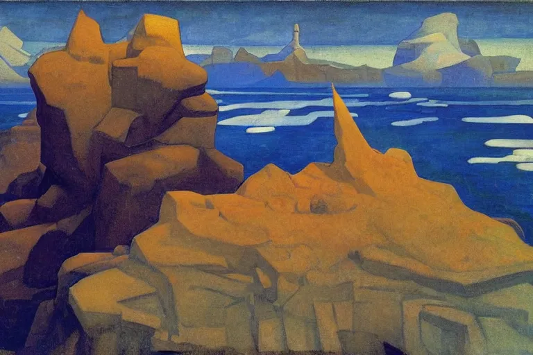 Prompt: the wake of the unseen object,by Nicholas Roerich and William Dyce and Diego Rivera, symbolist, dramatic lighting, elaborate geometric ornament, cool blue and green colors, Art Brut, smooth, sharp focus, extremely detailed