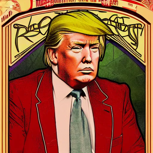 Image similar to Portrait of Trump wearing a red suit, illustrated by Alphonse Mucha, yellow stars, award-winning digital art, 4k resolution,