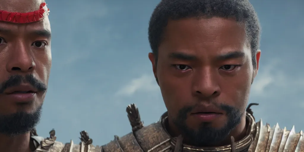 Image similar to a film still of a light skinned black man starring as an ancient samurai in a japanese blockbuster film, the sky is red, shallow depth of field, cinematic, award winning cgi, vfx, film still