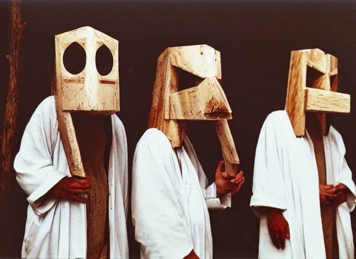 Prompt: realistic photo of the people wearing white robes in wooden birds masks made of wood 1 9 9 0, life magazine reportage photo