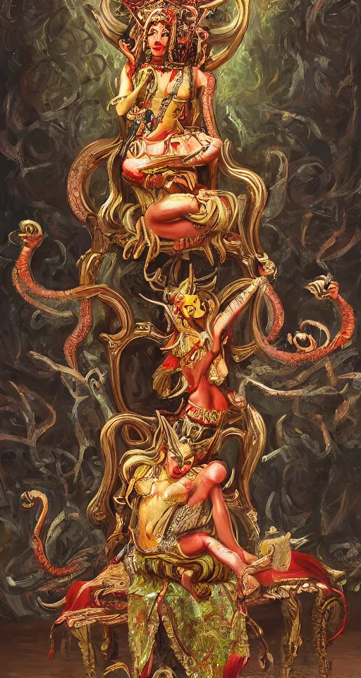 Prompt: a beautiful painting of a demon sitting on top of a chair, a high detailed painting by ram chandra shukla, pixiv contest winner, bengal school of art, detailed painting, maximalist, trending on artstation