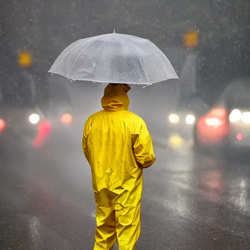 Image similar to award winning photograph of a man with a yellow jacket in the rain, extreme details, sharp focus