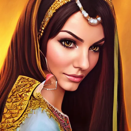 Image similar to a portrait of victoria justice as an arabian princess in a disney movie, crown!! oil painting, pale colors, high detail, 8 k, wide angle, trending on artstation,