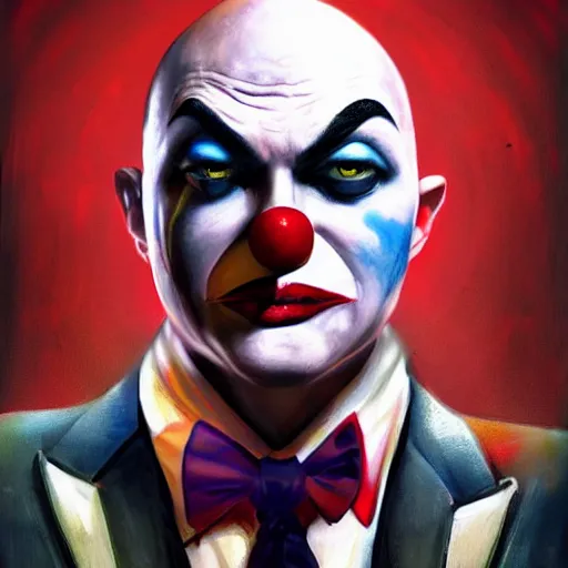 Image similar to portrait of agent 4 7 as a clown, colorful, circus background, cinematic, dramatic light, high detail, inside a messy room, masterpiece, art by jisu choe