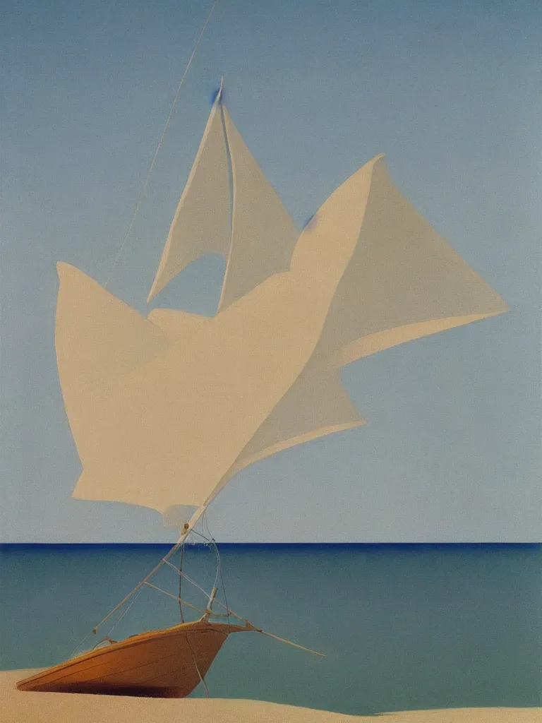 Image similar to a neo retro poster a boat near dune du Pilat, australian tonalism, pale gradients design, matte drawing, clean and simple design, outrun color palette. painted by Morandi, Agnes Pelton