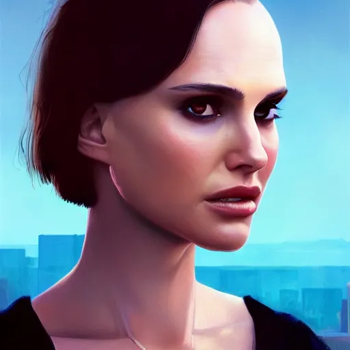 Image similar to closeup portrait of natalie portman from the movie leon the professional, city background, dramatic light, gorgeous view, depth, high detail, digital art, painted by greg rutkowski and seb mckinnon, by tim burton, trending on artstation