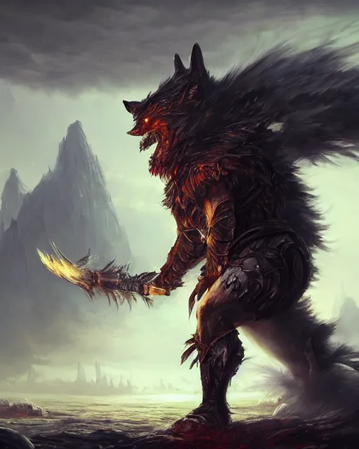 Prompt: oil painting of Angry Anthropomorphized Wolf Berserker, wearing armor, claws, sharp focus, attack pose, fantasy style, octane render, volumetric lighting, 8k high definition, by greg rutkowski, highly detailed, trending on art Station, magic the gathering artwork, burning Battlefield background, centered