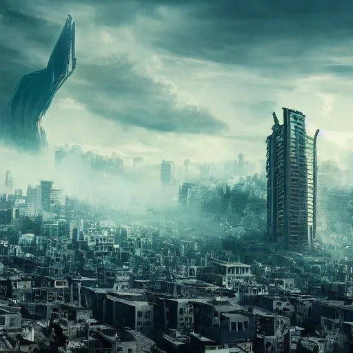 Image similar to giant 500 foot tall man destroying the city, matte painting, concept art, 4k