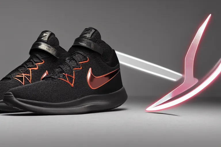 Prompt: mid product still of The New metallic Ironman Nike sneakers with glowing arc reactor swoosh, 4k
