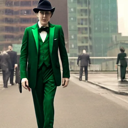 Prompt: film still of Paul Dano as Riddler in a green suit and tie and green fedora no mask in The Batman, 4k, dark lighting, film noir, grainy, dark tone