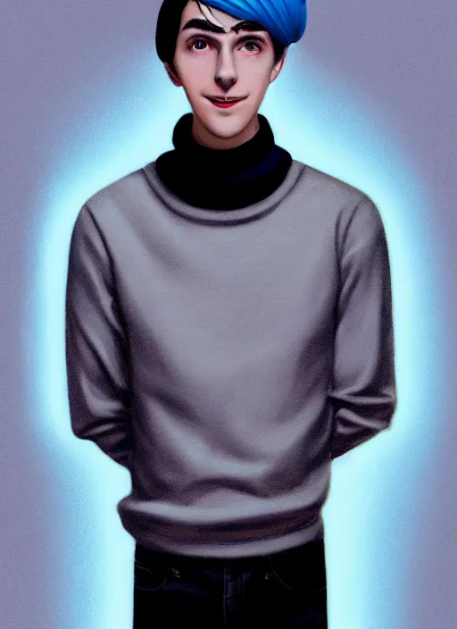 Image similar to portrait of teenage jughead jones wearing a light grey crown, crown, blue turtleneck, 1 9 5 0 s, closed eyes, photorealistic, black hair, glowing lighting, intricate, elegant, glowing lights, highly detailed, digital painting, artstation, concept art, smooth, sharp focus, illustration, art by wlop, mars ravelo and greg rutkowski