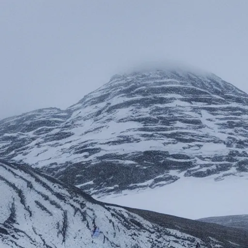 Image similar to a large mountain in the artic with a large eldritch monster peeking its head from around the mountain. grainy, snowing, overcast sky, slight fog.