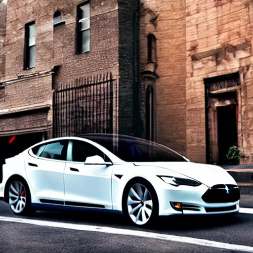 Prompt: a cloudy day with a tesla in a street