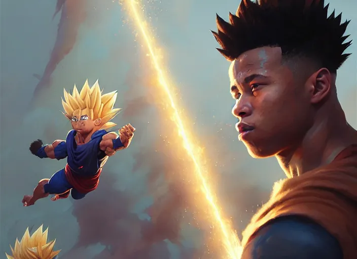 Image similar to highly detailed portrait of saquon barkley going super saiyan, unreal engine, fantasy art by greg rutkowski, loish, rhads, ferdinand knab, makoto shinkai and lois van baarle, ilya kuvshinov, rossdraws, tom bagshaw, global illumination, radiant light, detailed and intricate environment