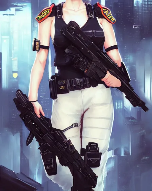 Image similar to anime key visual of a young female swat officer, neon, cyberpunk, futuristic, white top, black vest, stunning, highly detailed, digital painting, artstation, smooth, soft focus, illustration, art by artgerm and greg rutkowski and alphonse mucha