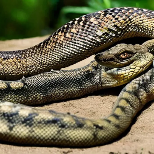 Image similar to rattlesnake and monitor lizard hybrid animal, half rattlesnake and half monitor lizard, real picture taken in zoo