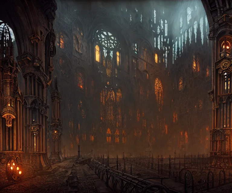 Image similar to steam necropolis, memento mori, gothic, neo - gothic, art nouveau, hyperdetailed copper patina medieval icon, stefan morrell, philippe druillet, ralph mcquarrie, concept art, steampunk, unreal engine, detailed intricate environment, octane render, moody atmospherics, volumetric lighting, ultrasharp, ominous, otherworldly