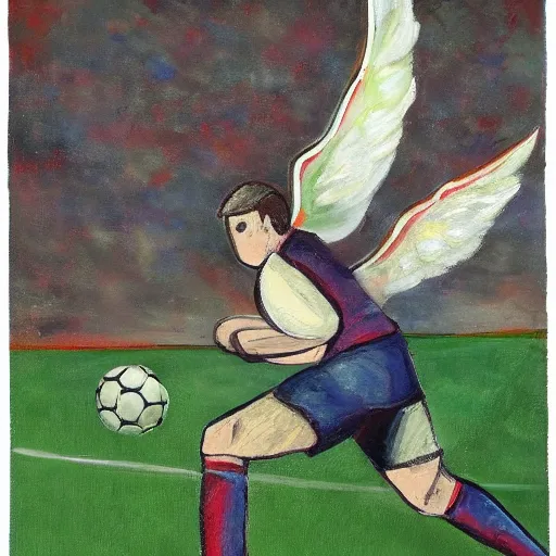 Image similar to goal keeper flying to catch a soccer ball with wings, rennasainse painting