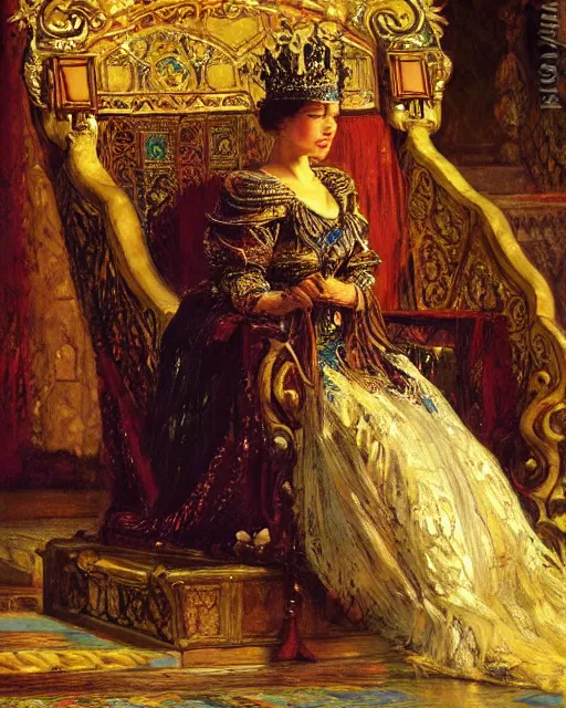 Image similar to an illustration of a queen on a throne at night by frederick arthur bridgman, realistic, detailed, oil painting, 1 9 th