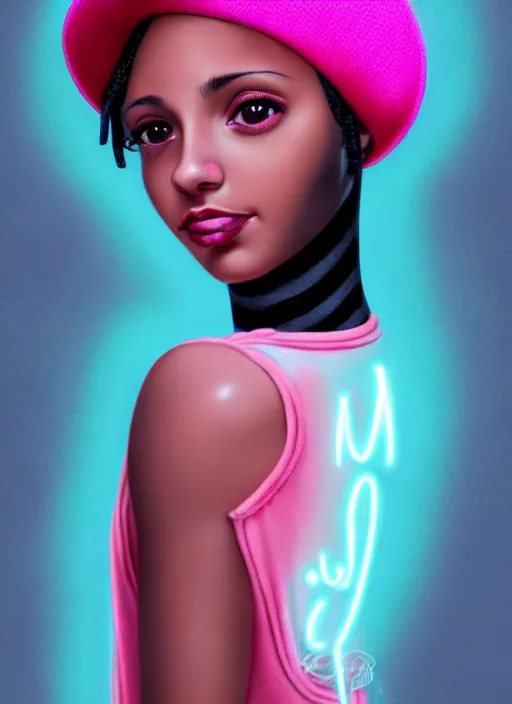 Image similar to portrait of teenage vanessa morgan with bright pink hair, black girl, curly pixie cut hair, wearing newsboy cap, pink short haircut, newsboy cap, hoop earrings, blue eyes, intricate, elegant, glowing lights, highly detailed, digital painting, artstation, concept art, smooth, sharp focus, illustration, art by wlop, mars ravelo and greg rutkowski