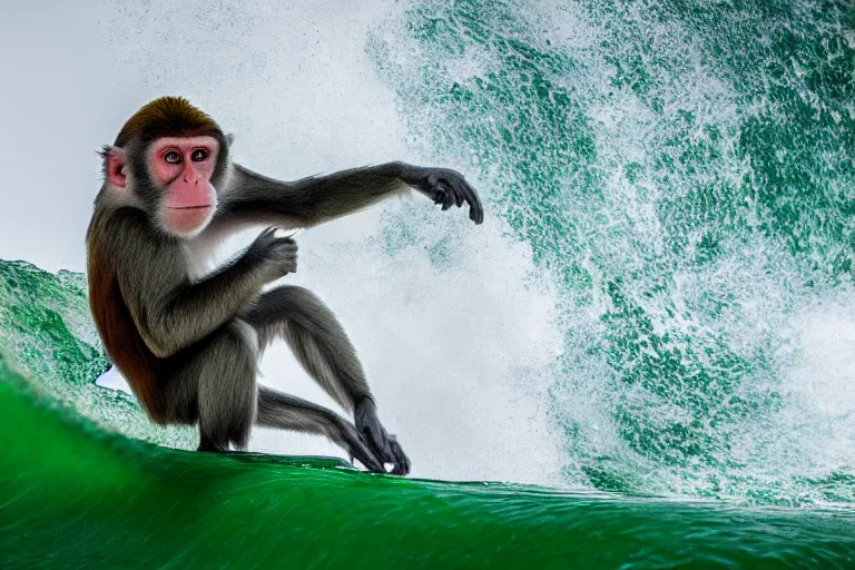 Image similar to monkey surfing on a green sea wave, natural lighting, highly detailed, 4 k, ultra hd