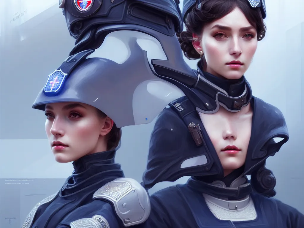 Image similar to portrait futuristic swiss police uniform female, at future neon light rooftop, ssci - fi and fantasy, intricate and very very beautiful and elegant, highly detailed, digital painting, artstation, concept art, smooth and sharp focus, illustration, art by tan zi and ayanamikodon and alphonse mucha and wlop