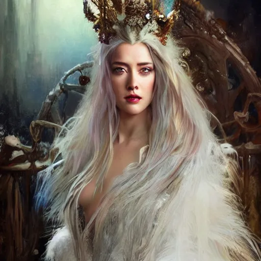 Image similar to hyperrealistic portrait of a woman as amber heard as the winter witch at her frost palace while enchanting a spell wearing white swan dress long feathers and sapphire jewellery by jeremy mann and alphonse mucha, fantasy art, photo realistic, dynamic lighting, artstation, poster, volumetric lighting, very detailed faces, 4 k, award winning