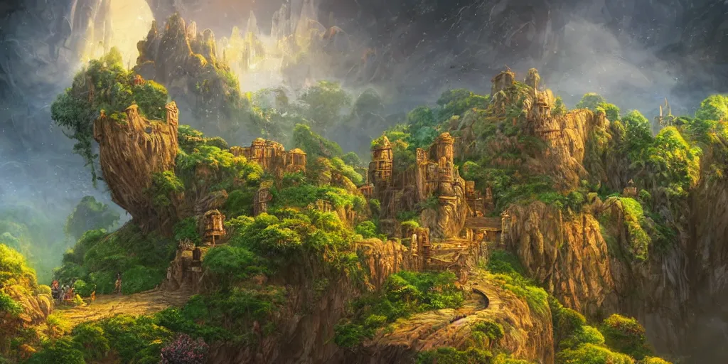 Image similar to sandstone castle, lush and beautiful concept art for the shire, floating rocks in the air, stone city, arabian nights, sand, golden sun, planets, lord of the rings, peter jackson, studio ghibli, detailed, realistic lighting, volumetric lighting, golden hour,