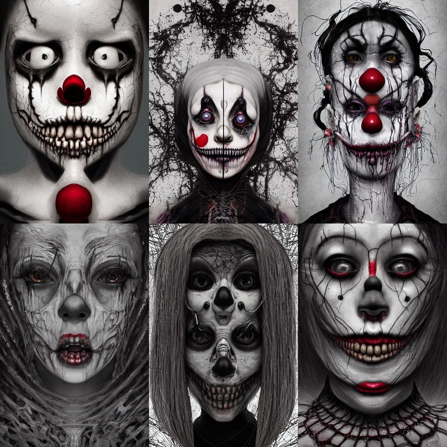 Image similar to portrait of a creepy girl clown skull. intricate abstract. intricate artwork. nightmare fuel. terrifying. by Tooth Wu, wlop, beeple, dan mumford. octane render, trending on artstation, greg rutkowski very coherent symmetrical artwork. cinematic, hyper realism, high detail, octane render, 8k, iridescent accents, black and white
