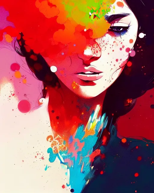 Prompt: a ultradetailed beautiful panting of a woman with a colorful explosion coming out of her hands, by conrad roset, greg rutkowski and makoto shinkai, trending on artstation